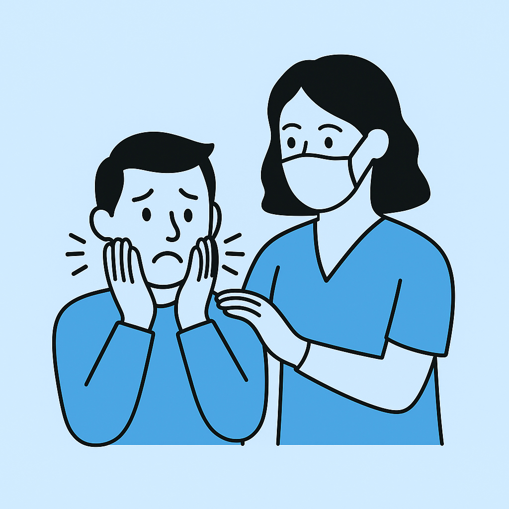 Orolig patient blir lugnad av tandläkare – illustration av behandling av tandvårdsrädsla hos Noratandläkaren